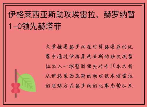 伊格莱西亚斯助攻埃雷拉，赫罗纳暂1-0领先赫塔菲